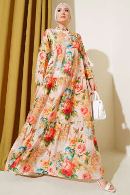 Pazarium - Ebruli Gül Desenli Elbise Yeşil