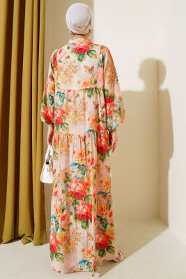 Ebruli Gül Desenli Elbise Yeşil - Thumbnail