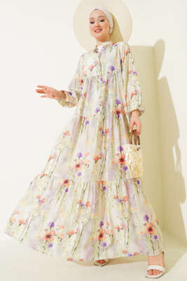 Pazarium - Menekşe Ebruli Desenli Elbise Çağla Yeşili