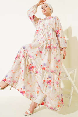 Pazarium - Menekşe Ebruli Desenli Elbise Yeşil