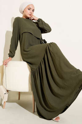 Pazarium - Taşlı Kuş Gözü Detaylı Bağlamalı Elbise Haki