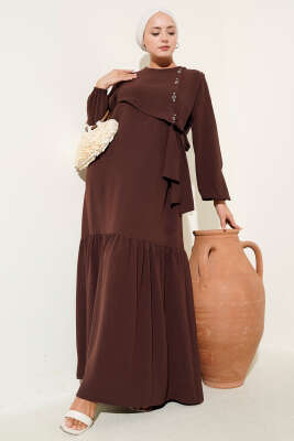Pazarium - Taşlı Kuş Gözü Detaylı Bağlamalı Elbise Kahve