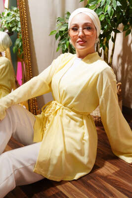 Pazarium - Örgü Kemerli Kimono Sarı