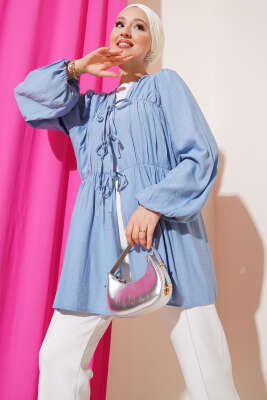 Pazarium - Önü Büzgülü Bilekleri Lastikli Kimono Mavi