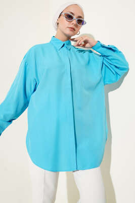 Pazarium - Basic Gizli Düğmeli Gömlek Turkuaz