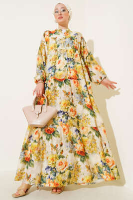Ebruli Gül Desenli Elbise Sarı - Thumbnail