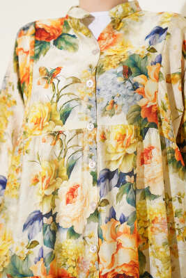 Ebruli Gül Desenli Elbise Sarı - Thumbnail