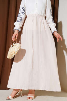 Pazarium - Bel Lastikli Müslin Etek Bej