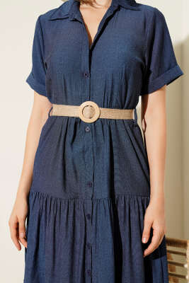 Gömlek Yaka Kat Kat Elbise Lacivert - Thumbnail