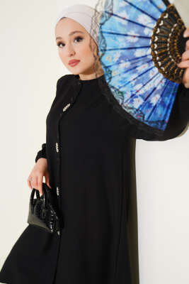 Pazarium - Önü Taş Detaylı Uzun Tunik İkili Takım Siyah