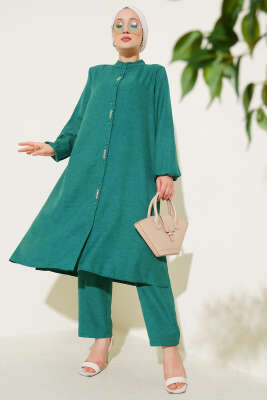Pazarium - Önü Taş Detaylı Uzun Tunik İkili Takım Zümrüt
