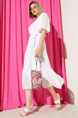 Kruvaze Yaka Fırfırlı Midi Şifon Elbise Beyaz - Thumbnail