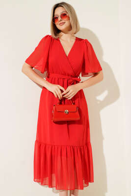 Kruvaze Yaka Fırfırlı Midi Şifon Elbise Kırmızı - Thumbnail
