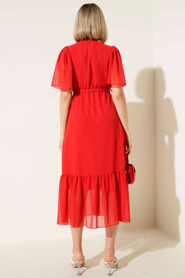 Kruvaze Yaka Fırfırlı Midi Şifon Elbise Kırmızı - Thumbnail