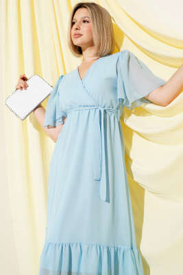 Kruvaze Yaka Fırfırlı Midi Şifon Elbise Mavi - Thumbnail