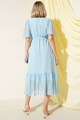 Kruvaze Yaka Fırfırlı Midi Şifon Elbise Mavi - Thumbnail