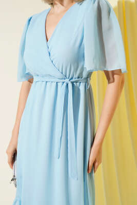 Kruvaze Yaka Fırfırlı Midi Şifon Elbise Mavi - Thumbnail