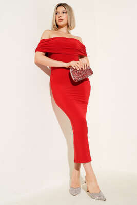 Pazarium - Kayık Yaka Midi Elbise Kırmızı