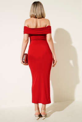 Kayık Yaka Midi Elbise Kırmızı - Thumbnail