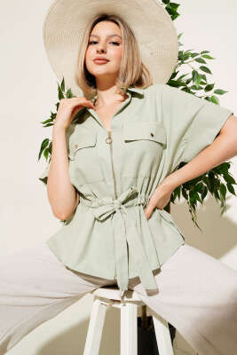 Pazarium - Fermuarlı Bel Büzgülü Gömlek Çağla Yeşili