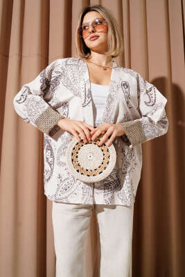 Desenli Hasır Kol Detaylı Kimono Bej - Thumbnail