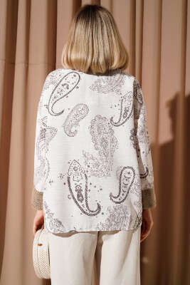 Desenli Hasır Kol Detaylı Kimono Bej - Thumbnail