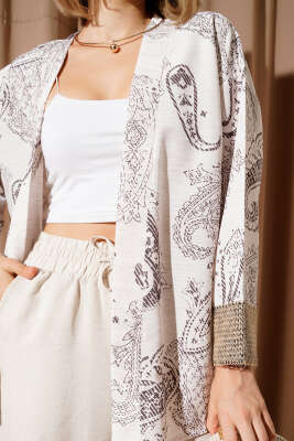 Desenli Hasır Kol Detaylı Kimono Bej - Thumbnail