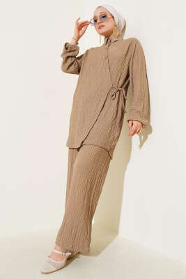 Pazarium - Kabartma Desenli İkili Takım Camel