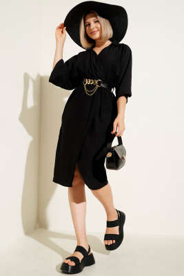 Pazarium - Beli Lastikli Kemerli Midi Elbise Siyah