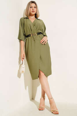 Pazarium - Beli Lastikli Kemerli Midi Elbise Haki