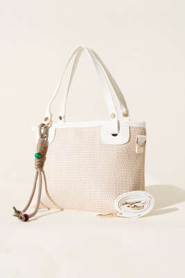 Bağcık Süs Detaylı Hasır Çanta Beyaz - Thumbnail