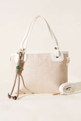 Bağcık Süs Detaylı Hasır Çanta Beyaz - Thumbnail