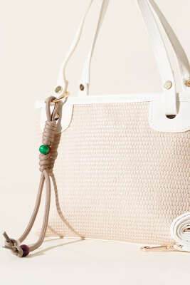 Bağcık Süs Detaylı Hasır Çanta Beyaz - Thumbnail