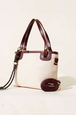 Bağcık Süs Detaylı Hasır Çanta Bordo - Thumbnail