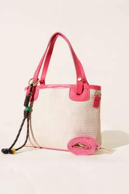 Pazarium - Bağcık Süs Detaylı Hasır Çanta Pembe