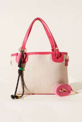 Bağcık Süs Detaylı Hasır Çanta Pembe - Thumbnail