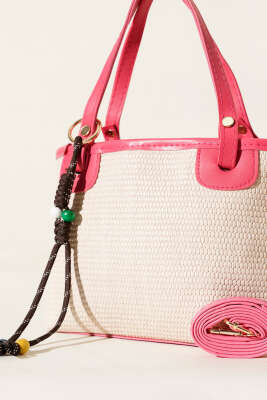 Bağcık Süs Detaylı Hasır Çanta Pembe - Thumbnail