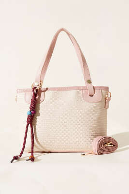 Bağcık Süs Detaylı Hasır Çanta Pudra - Thumbnail