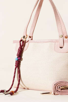 Bağcık Süs Detaylı Hasır Çanta Pudra - Thumbnail