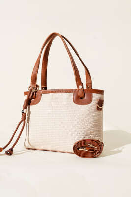 Bağcık Süs Detaylı Hasır Çanta Taba - Thumbnail