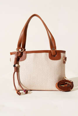 Bağcık Süs Detaylı Hasır Çanta Taba - Thumbnail