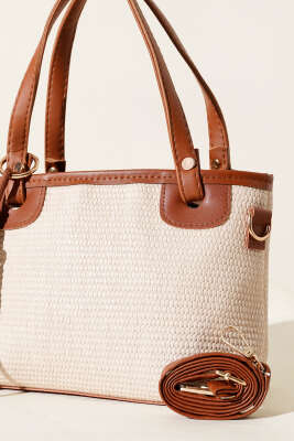 Bağcık Süs Detaylı Hasır Çanta Taba - Thumbnail