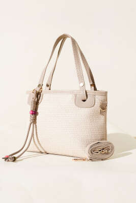 Bağcık Süs Detaylı Hasır Çanta Bej - Thumbnail