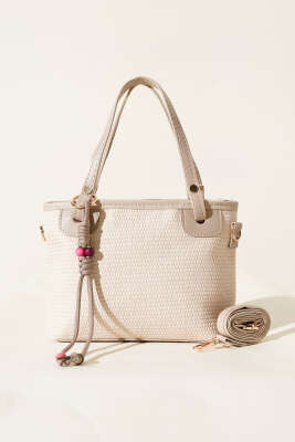 Bağcık Süs Detaylı Hasır Çanta Bej - Thumbnail