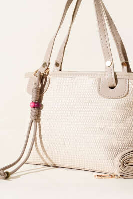 Bağcık Süs Detaylı Hasır Çanta Bej - Thumbnail