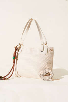 Bağcık Süs Detaylı Hasır Çanta Krem - Thumbnail