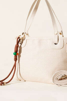 Bağcık Süs Detaylı Hasır Çanta Krem - Thumbnail