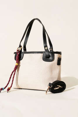 Bağcık Süs Detaylı Hasır Çanta Siyah - Thumbnail