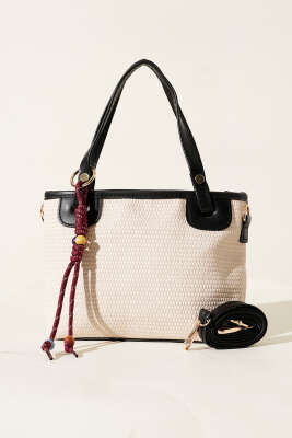 Bağcık Süs Detaylı Hasır Çanta Siyah - Thumbnail