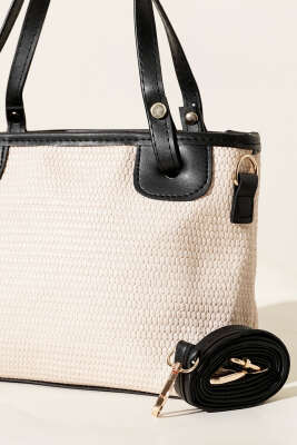 Bağcık Süs Detaylı Hasır Çanta Siyah - Thumbnail